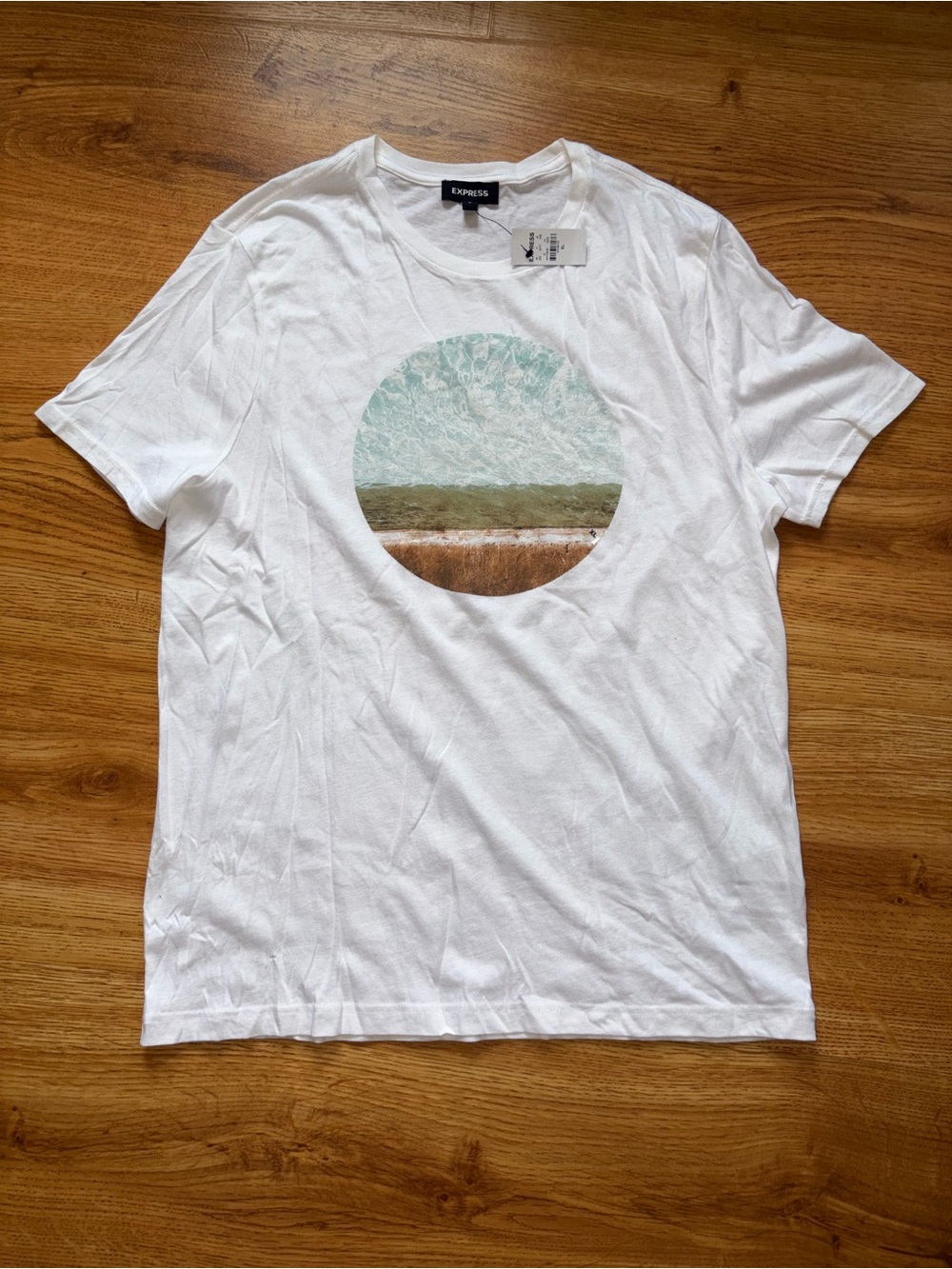 Express White Graphic Crew Neck T-Shirt - Ocean Circle Print XL NWT